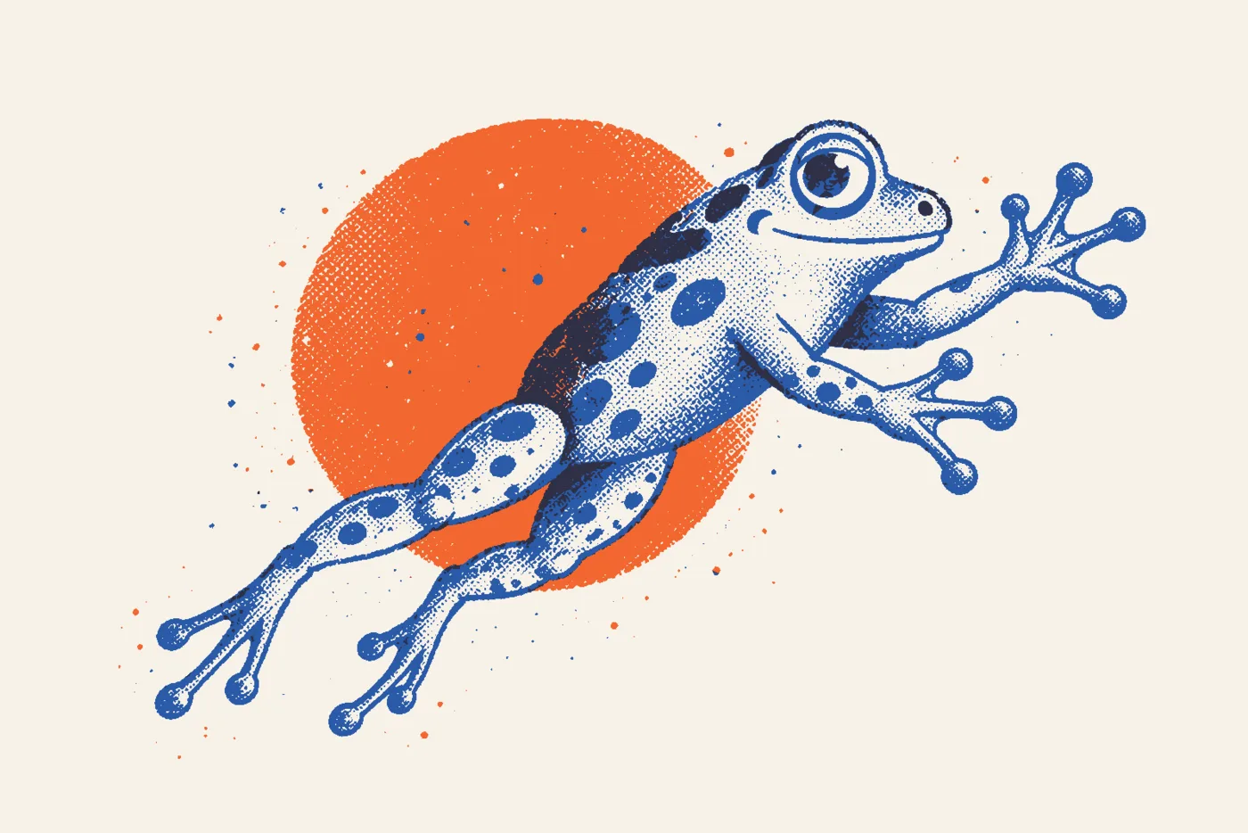 Illustration: the spotted frog leaps into the air, stretching its long legs and round-tipped toes.