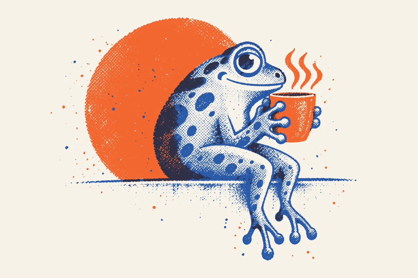 Illustration: the spotted Frog Theory frog holds a steaming orange coffee mug, seated in front of an orange circle.